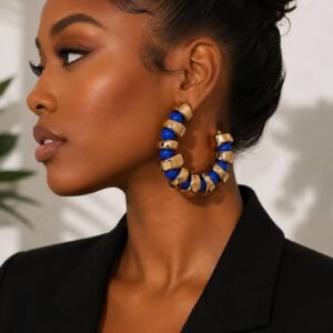 Gold & Royal Blue Hoop Statement Earrings