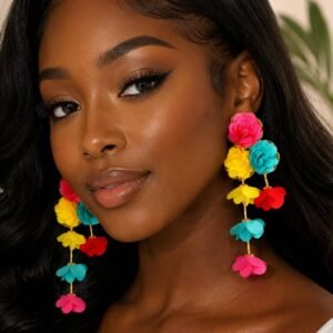 Multicolored Flower Gold long Earrings