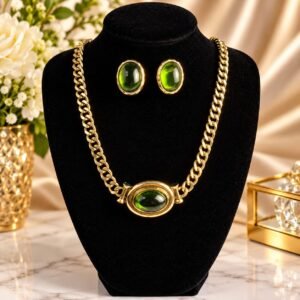 Emerald Green and Gold Chain Necklace Earring Set